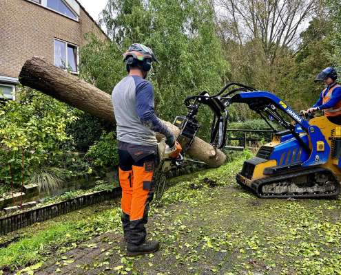 Rupsvoertuig met roterende houtklem als aanvulling voor de Boomverzorger.