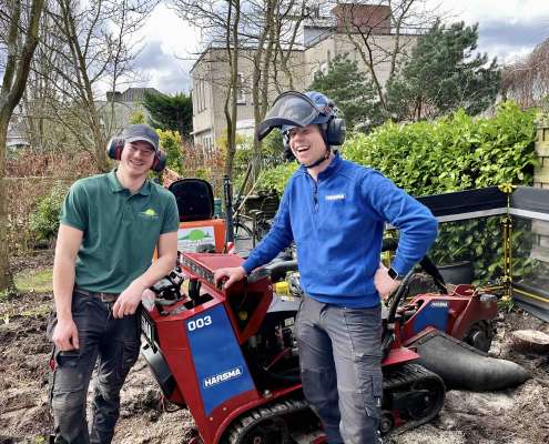 Boomstronk verwijderen in een achtertuin in Rotterdam, door het gebruik van een stronkenfrees machine, samen met een collega hoveniersbedrijf.